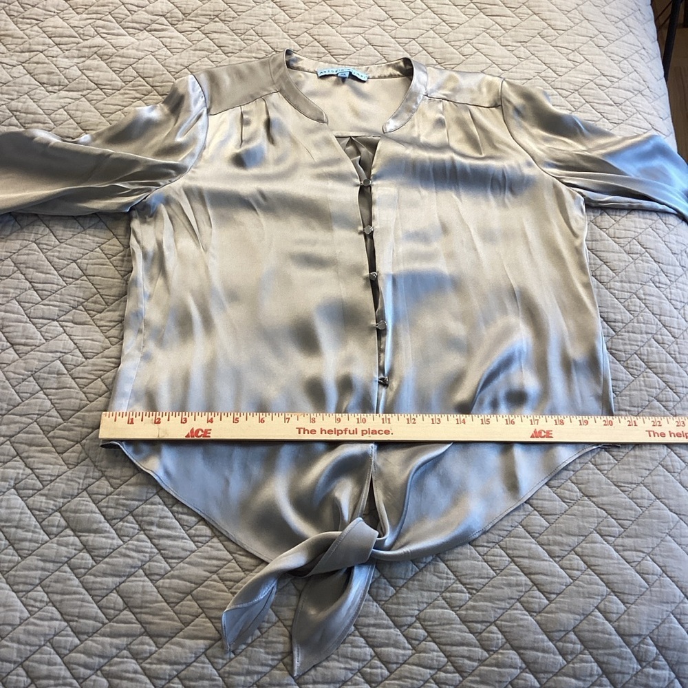 ANTONIO MELANI 100% Silk Shimmering Silver Tie Front Blouse Sz XS - Picture 9 of 12